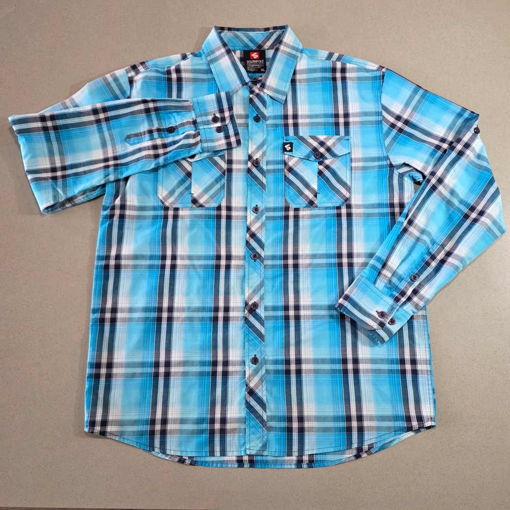 Southpole Mens XL Blue Plaid Long Sleeve Button Down Shirt Streetwear Pockets